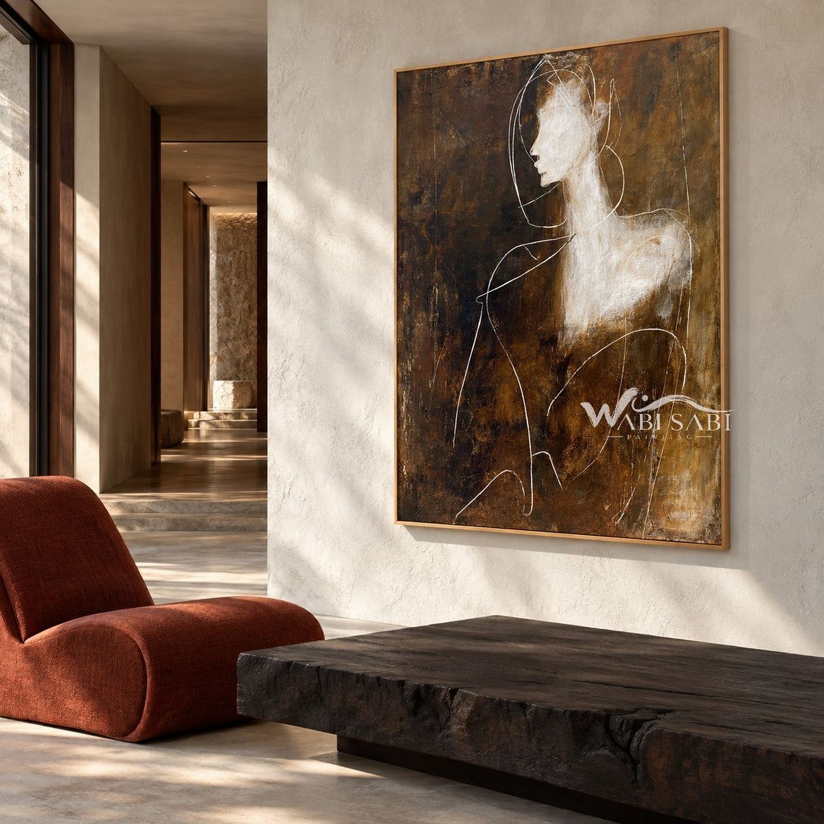 White Profile and Shoulder Abstract Painting shown in a seating area.
