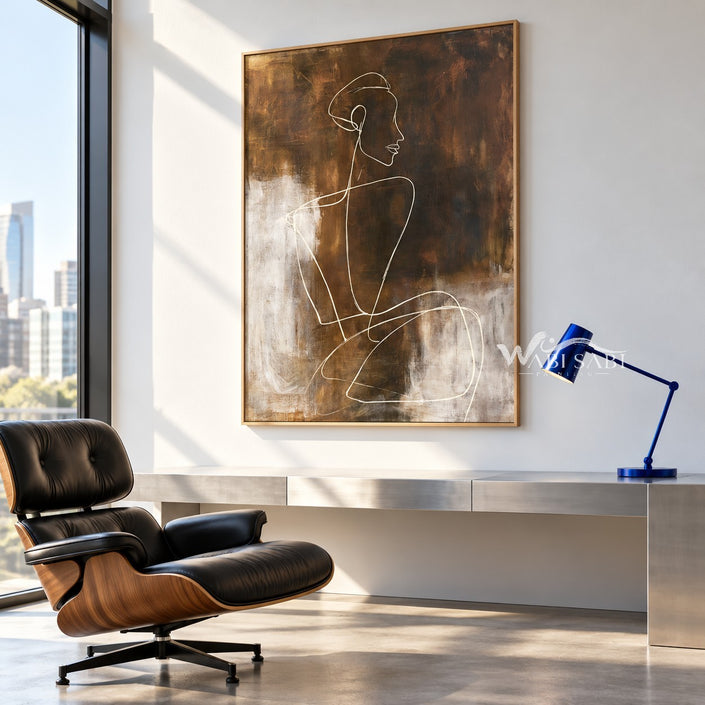White Seated Figure Line Painting on Brown shown in a workspace.