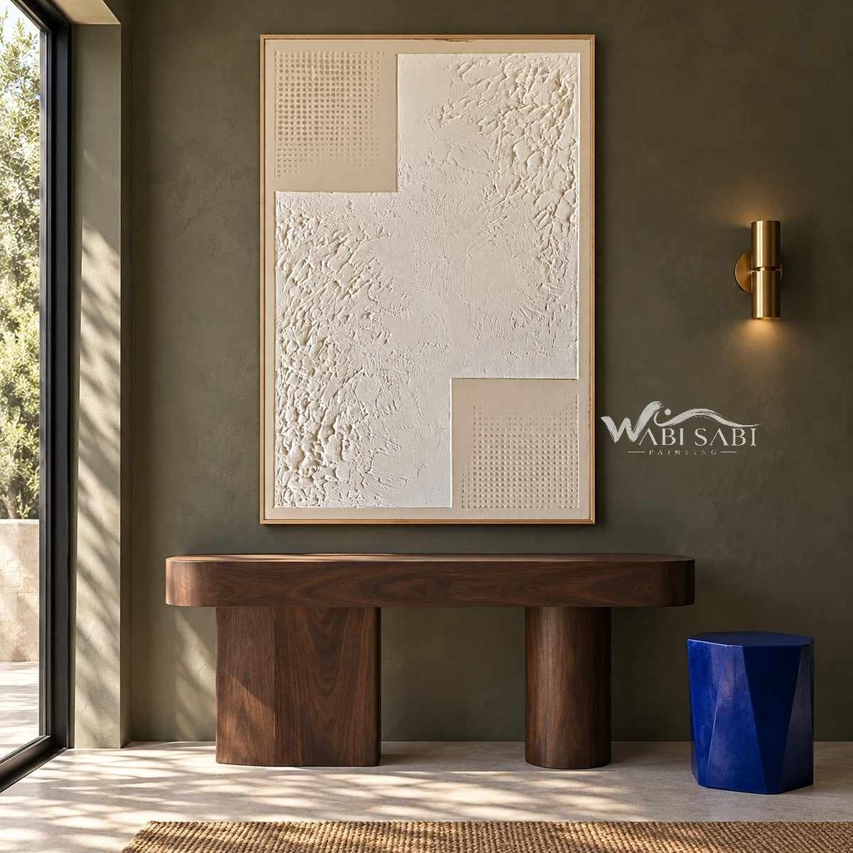 White Stepped Texture with Dotted Corners Wall Art shown above a wood console.