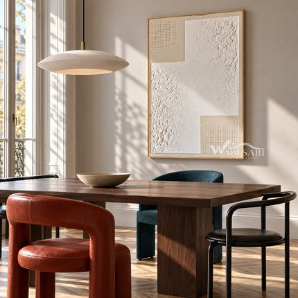 White Stepped Texture with Dotted Corners Wall Art shown above a dining table.
