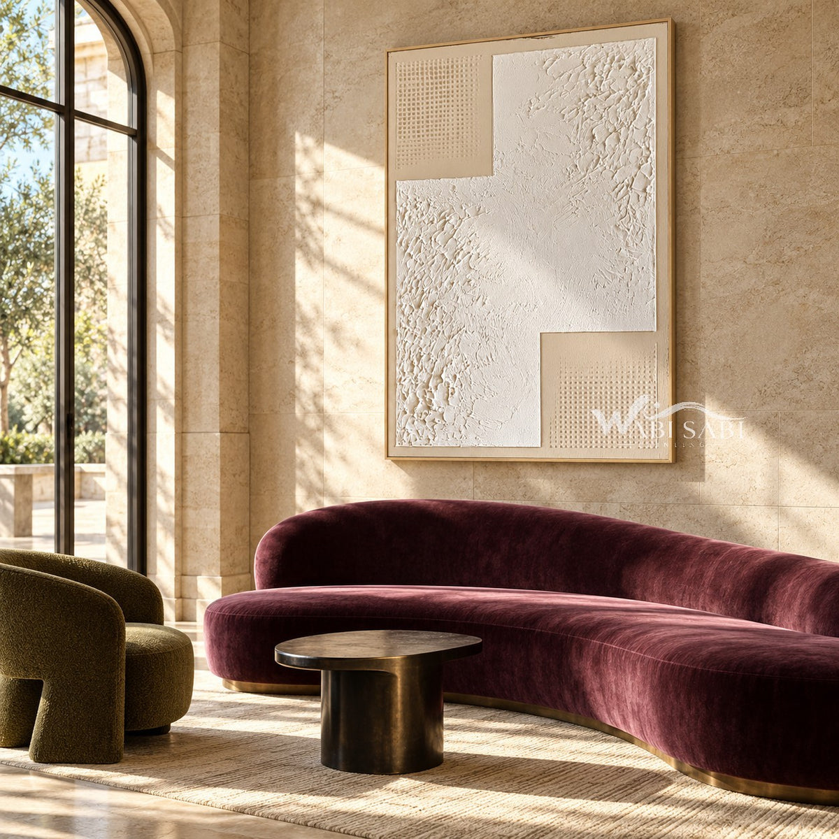 White Stepped Texture with Dotted Corners Wall Art shown above a curved burgundy sofa.