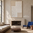 White Stepped Texture with Dotted Corners Wall Art shown above a fireplace.