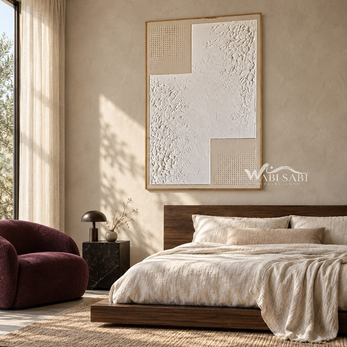 White Stepped Texture with Dotted Corners Wall Art shown above a bed with neutral bedding.