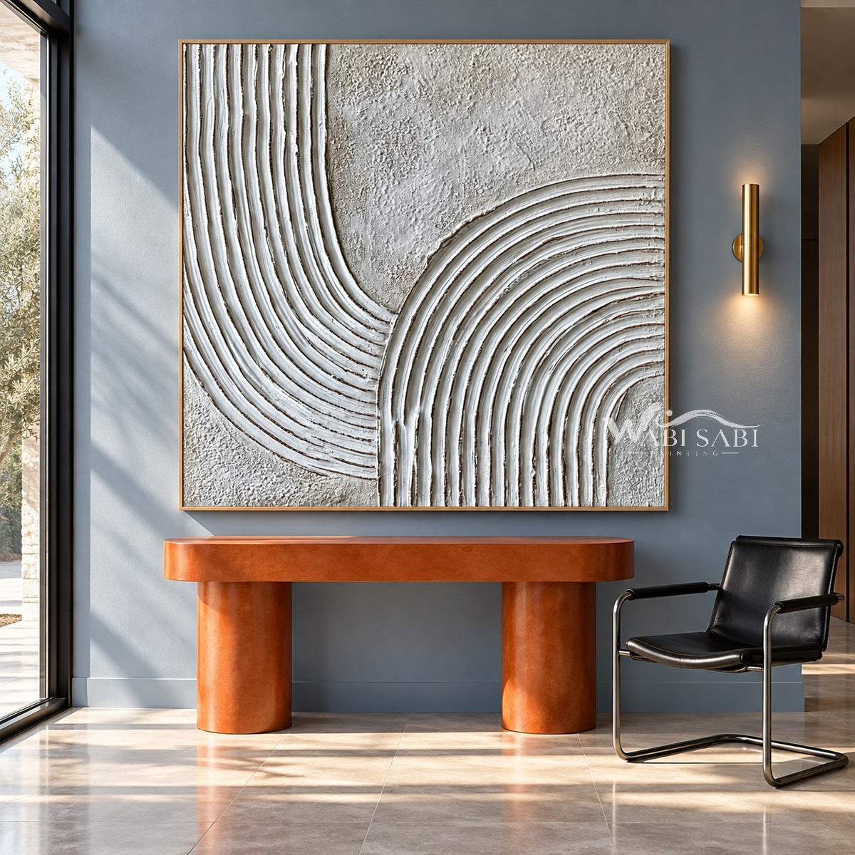White Turning Grooves Square Wall Art shown above a console.