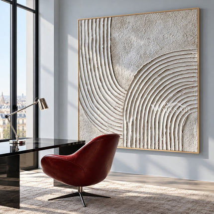 White Turning Grooves Square Wall Art shown in a workspace.