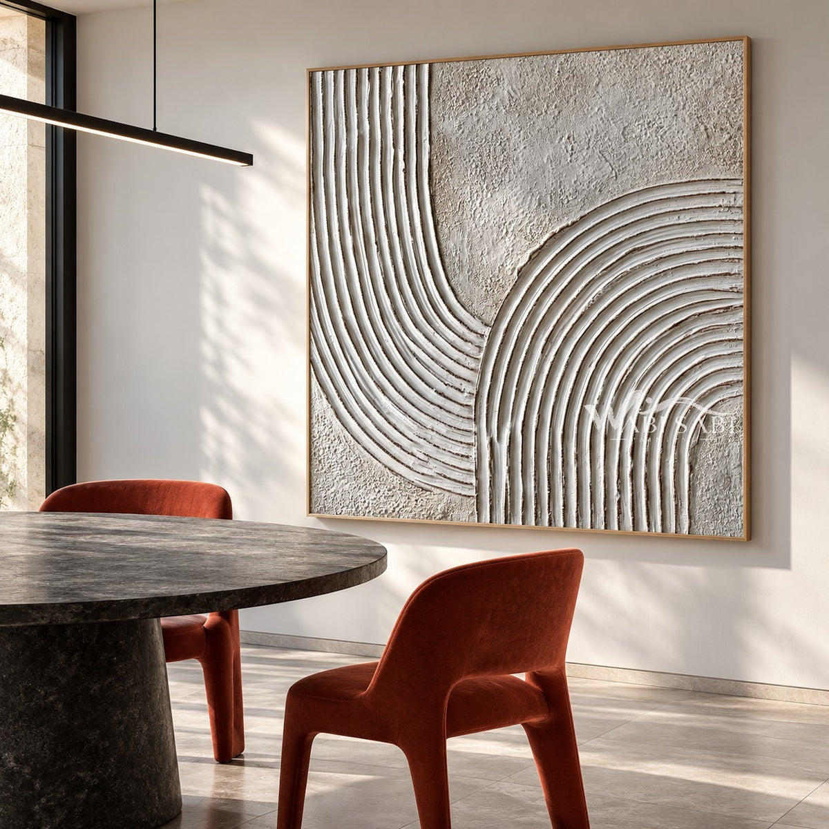 White Turning Grooves Square Wall Art shown in a dining area.