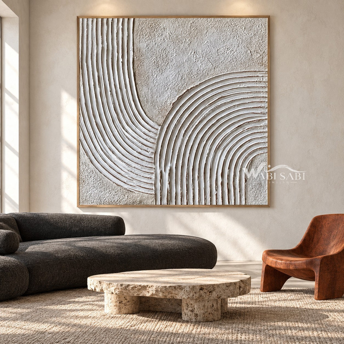 White Turning Grooves Square Wall Art shown in a living room with a sofa.