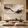 Wide Brown Ribbon Abstract Wall Art shown above a low tea table.