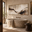 Wide Brown Ribbon Abstract Wall Art shown above a freestanding bathtub.