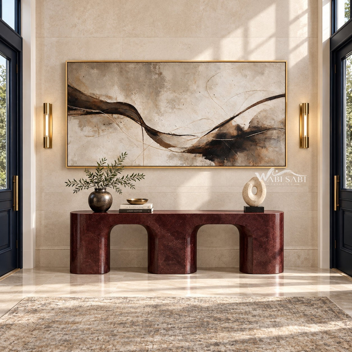 Wide Brown Ribbon Abstract Wall Art shown above a burgundy console.