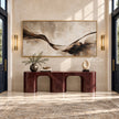 Wide Brown Ribbon Abstract Wall Art shown above a burgundy console.