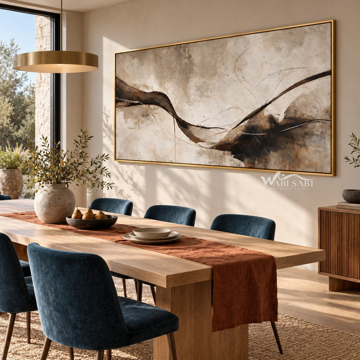 Wide Brown Ribbon Abstract Wall Art shown behind a wood dining table.
