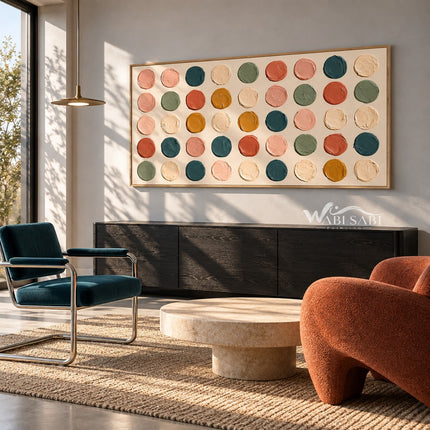 Wide Multicolor Painted Dot Grid Wall Art shown above a dark cabinet in a bright seating area.