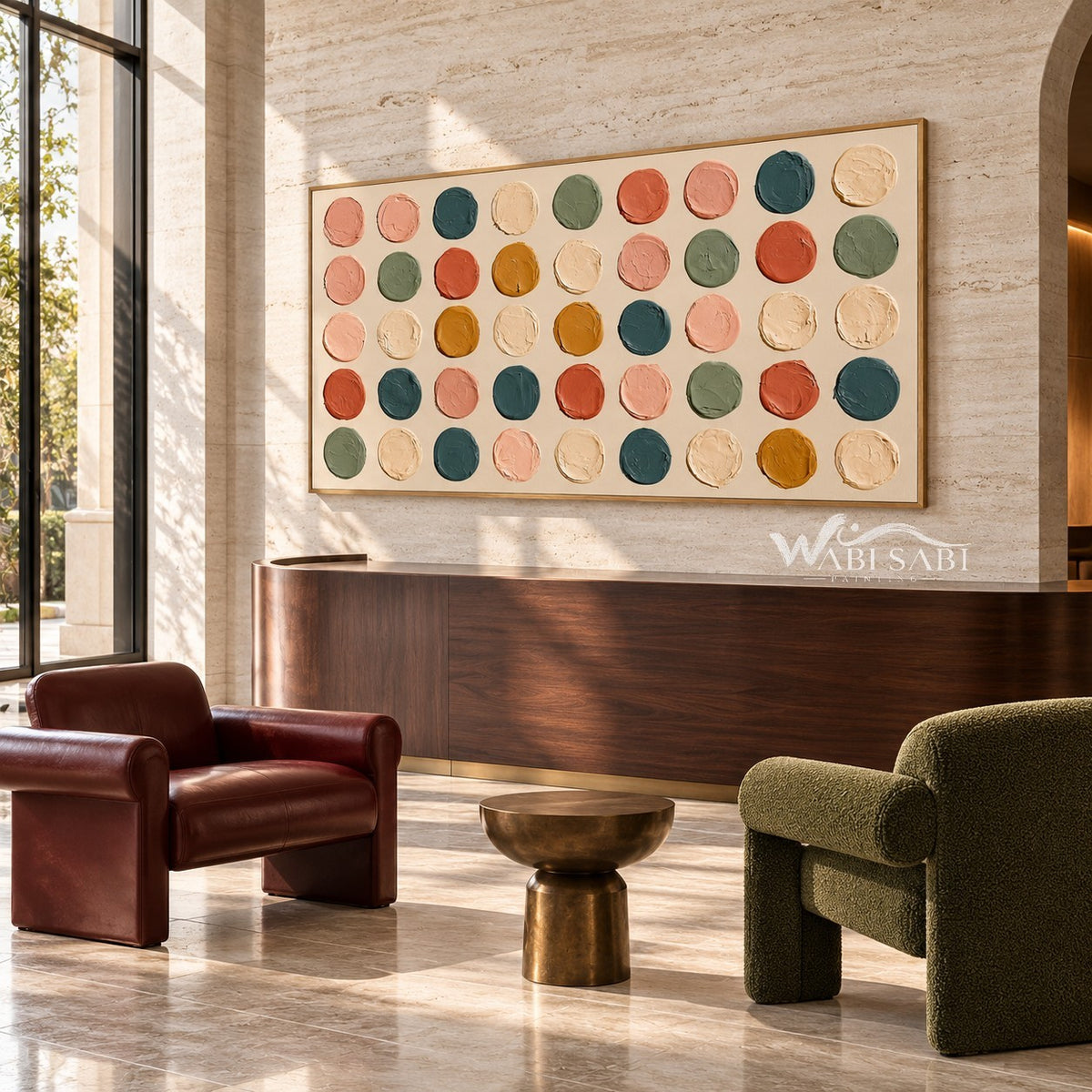 Wide Multicolor Painted Dot Grid Wall Art shown above a wood cabinet between lounge chairs.