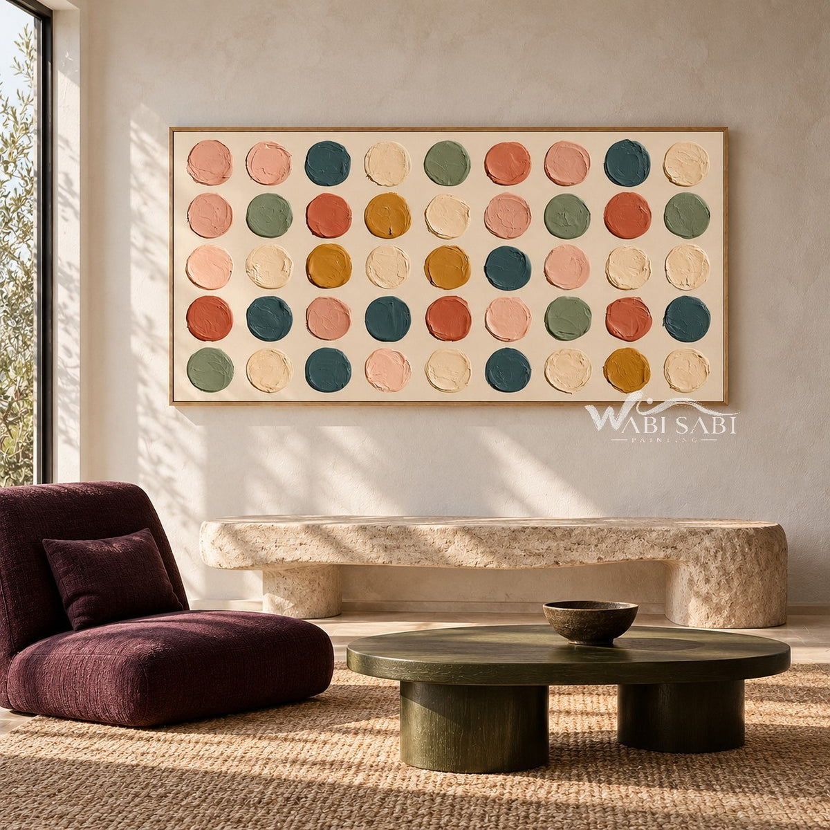 Wide Multicolor Painted Dot Grid Wall Art shown above a pale bench behind a round coffee table.