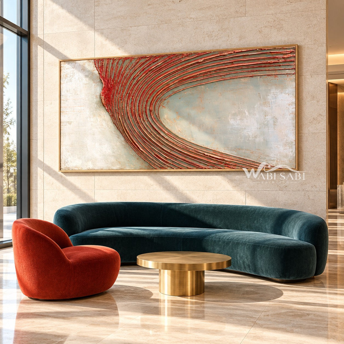 Wide Rust Curved Ridge Abstract Painting shown in a living room with a sofa.