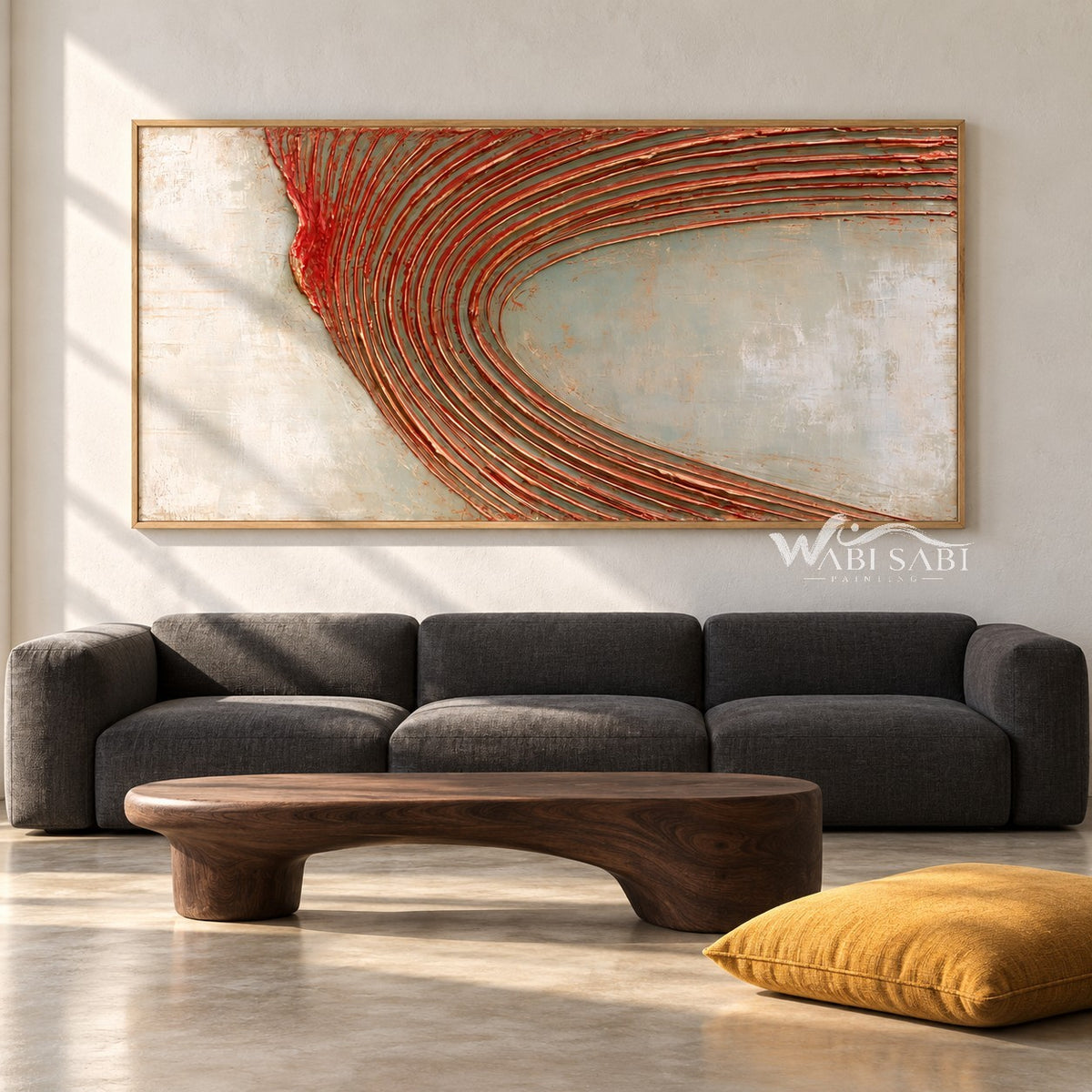 Wide Rust Curved Ridge Abstract Painting shown in a living room with a sofa.