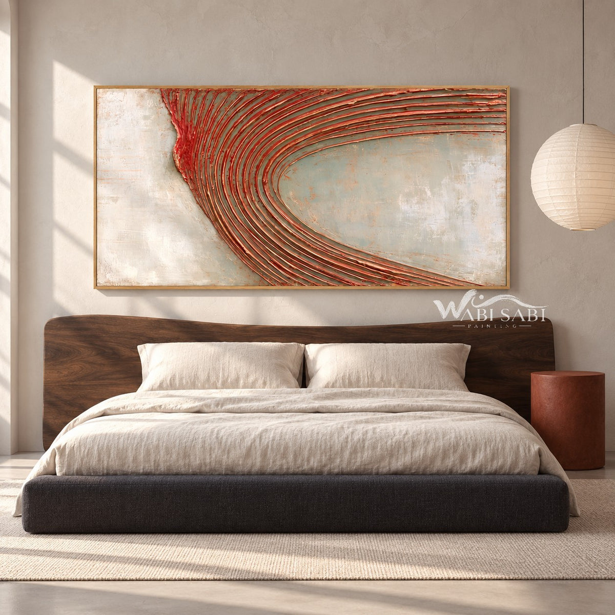 Wide Rust Curved Ridge Abstract Painting shown in a bedroom.