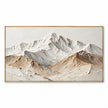 Wide mountain range in white, tan, gray. White peaks with cool gray shadows.
