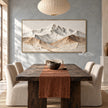 Wide White Mountain Range Wall Art shown behind a wood dining table.