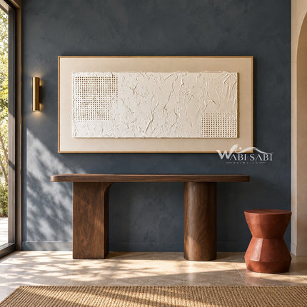 Wide White Texture Panel with Dotted Insets shown above a wood console on a dark wall.