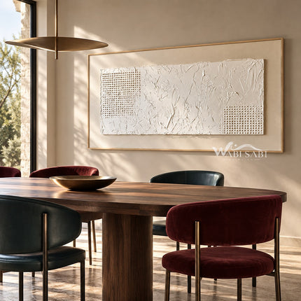 Wide White Texture Panel with Dotted Insets shown above a dining table.