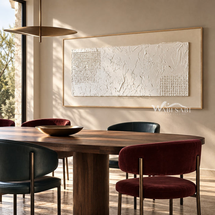 Wide White Texture Panel with Dotted Insets shown above a dining table.