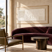 Wide White Texture Panel with Dotted Insets shown above a curved burgundy sofa.