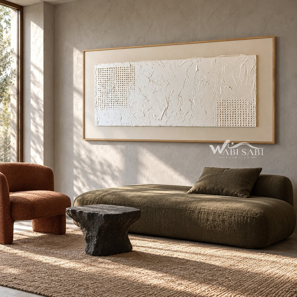 Wide White Texture Panel with Dotted Insets shown above a bed with neutral bedding.