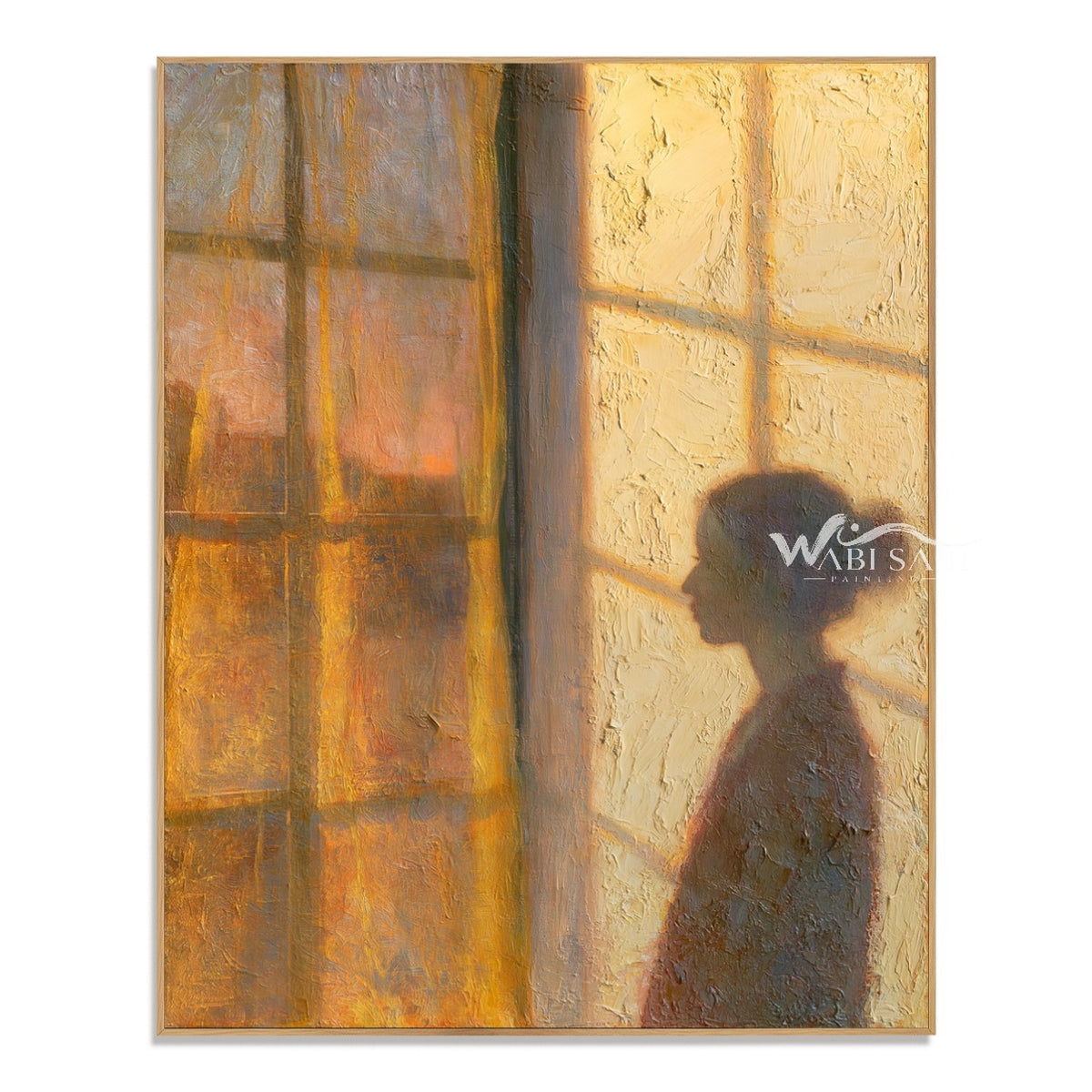 Window at Dusk with a Figure in Profile. Orange and amber window glow.